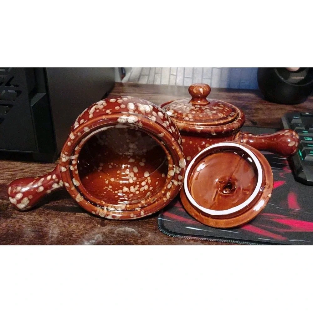 Vintage Brown Speckled Ceramic French Onion Soup Bowls with Lids Set of 2